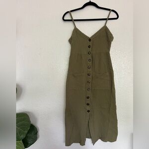 Hesperus Olive Green Cotton Gauze Midi Dress Button Front Size S